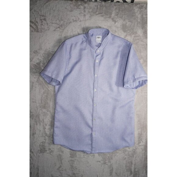 Zara Shirt Mens L Relaxed Fit Casual Button Up Mock Neck Rolled Short Sleeve - Picture 11 of 11
